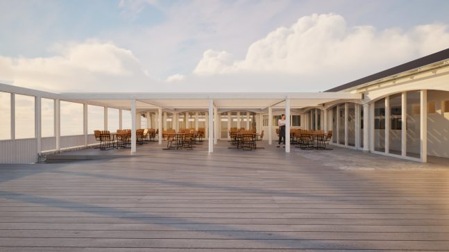 Illustrasjon av soldekket på Hukodden strandrestaurant